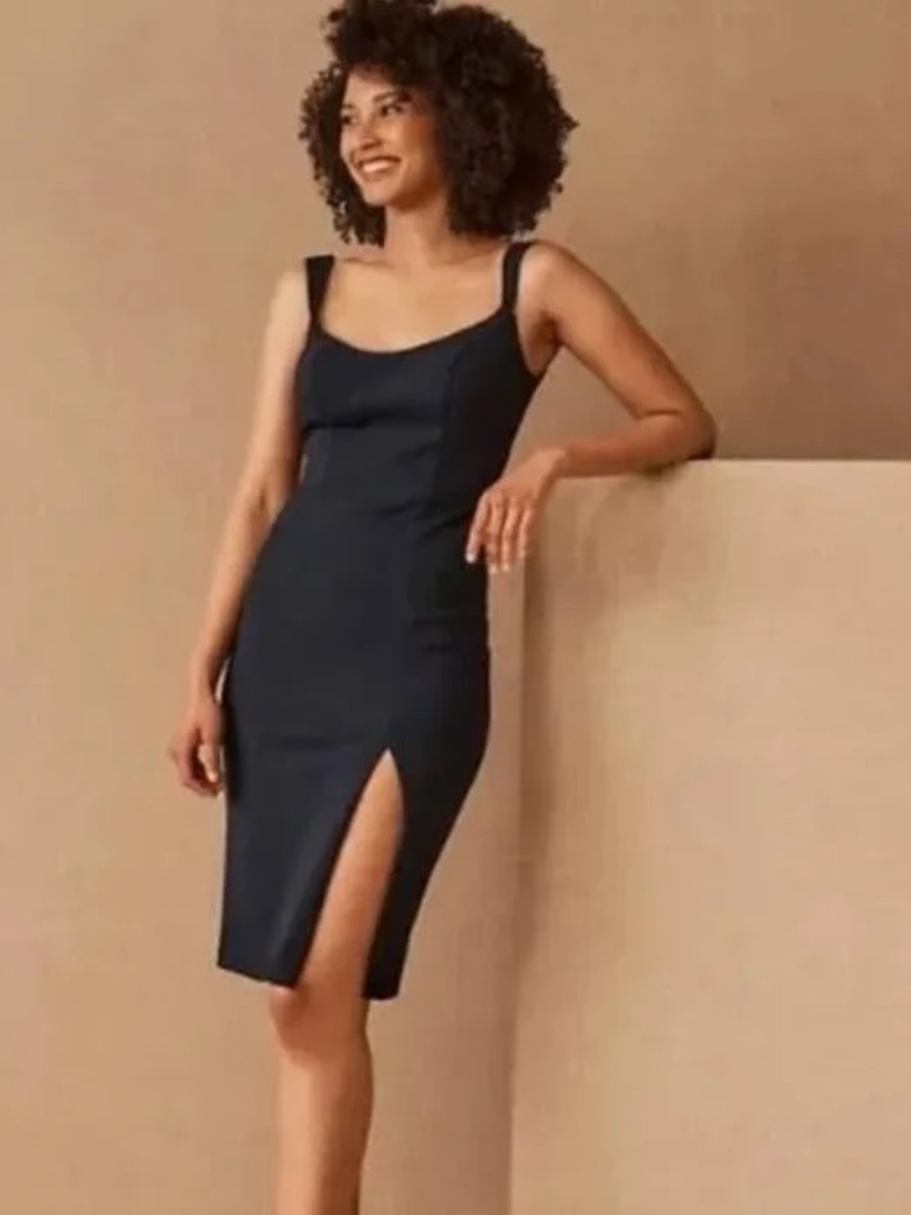 BHLDN Ana Crepe Midi Dress Navy Blue front slit New size 10